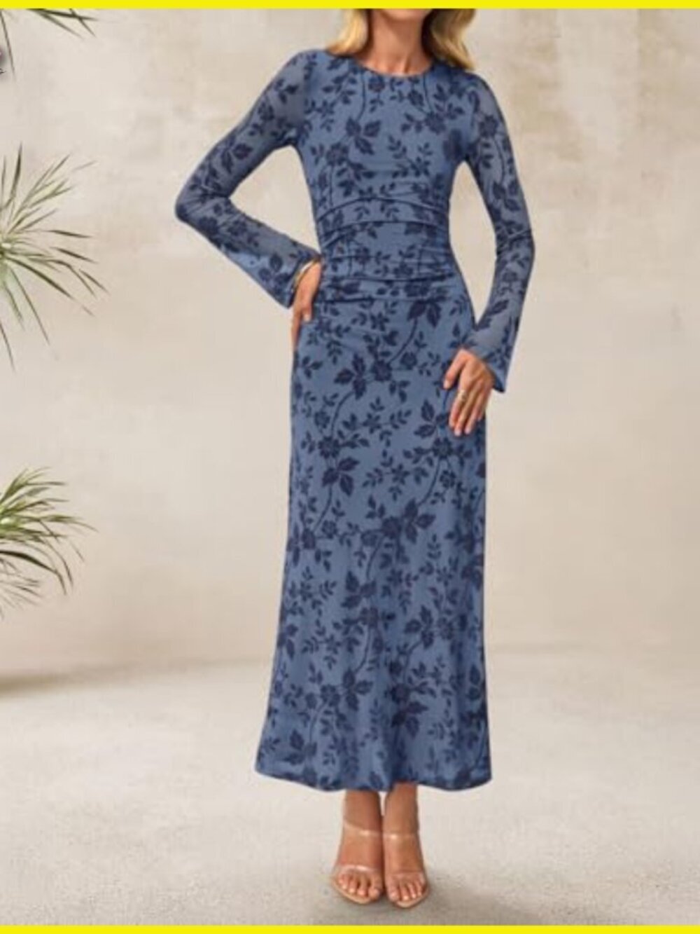 Long Sleeve Floral Bodycon Maxi Dress Ruched Mesh Wedding Guest Cocktail - Picture 3 of 7